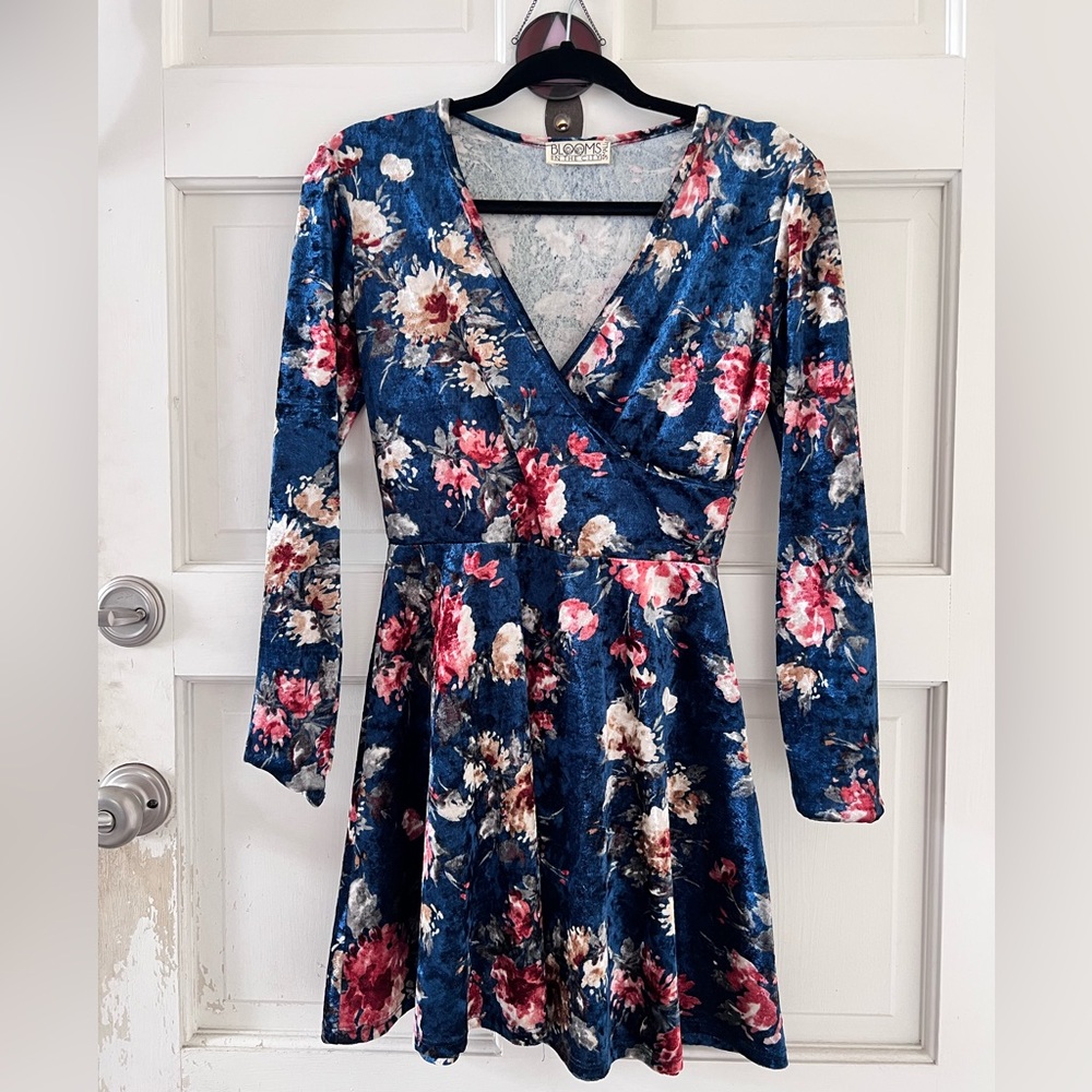 Floral Crushed Velvet Long Sleeved Mini Dress Small